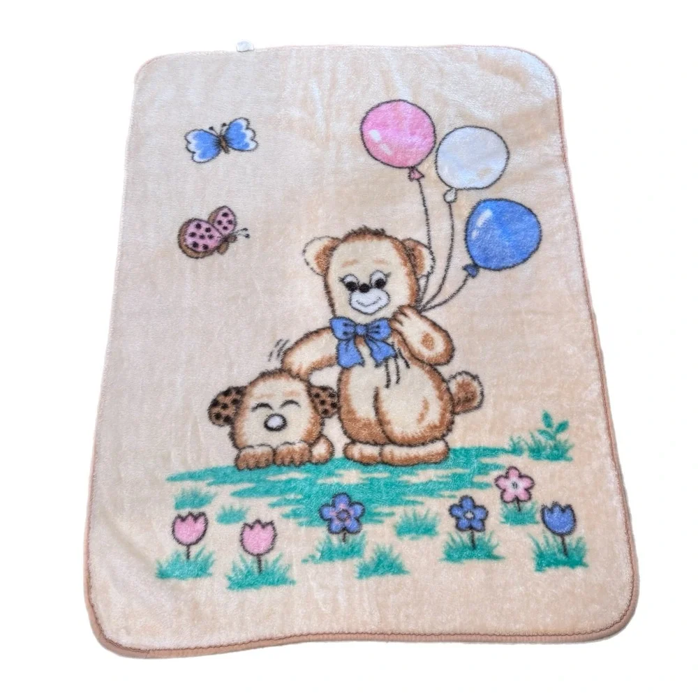 Vintage Korean Faux Fur Mink Baby Blanket Teddy Bear Puppy Balloons Tan 40 x 53